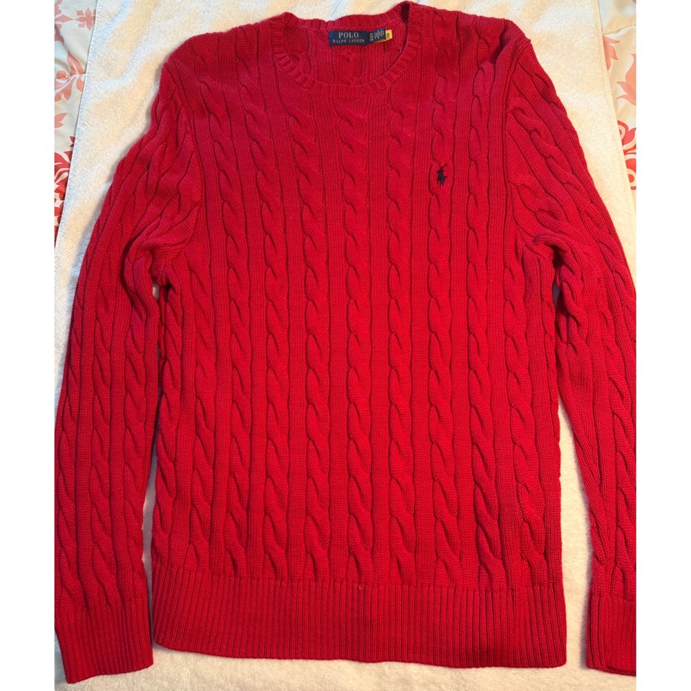 Polo Ralph Lauren Mens Red Cable Knit Crewneck Sweater XL Cotton Pony Logo
